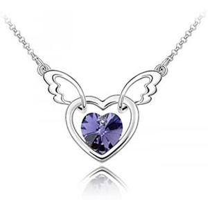Imitation Purple Amethyst Cubic Zirconia Angel Wings Heart Necklace Gift Box